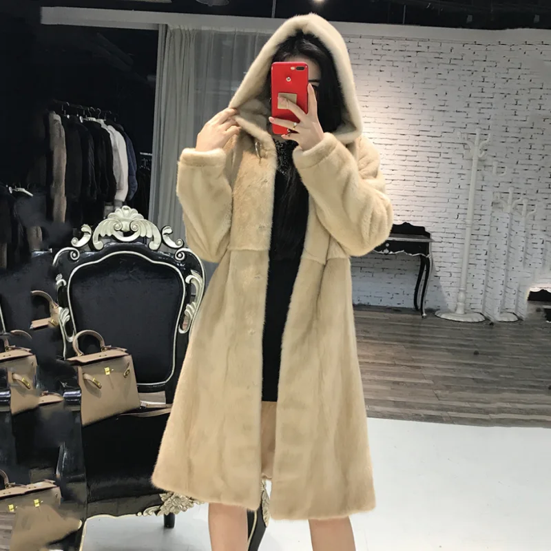 2024 New Real Natural Mink Fur Women Long Coat With Hood  Winter Slim Warm Plus Size  Whole Mink Fur Jacket