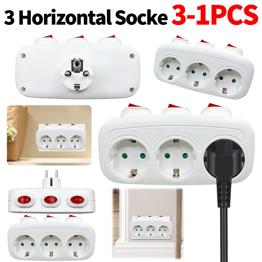 Universal EU Extension Socket with 3 Individual 250V Switches Power Adapter Power Converter Socket Wall Socket for Living Room