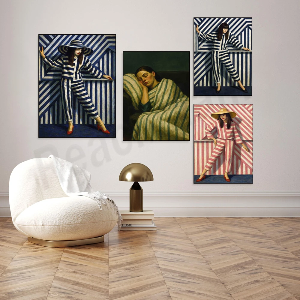 Abstract feminine striped print, colorful portrait, line art, eclectic blue, pink, emerald green stripes decorative poster