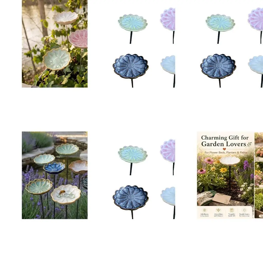 Garden Water Display Set with 4 Ceramic Flower Bowl Stakes Outdoors Bees D2RD
