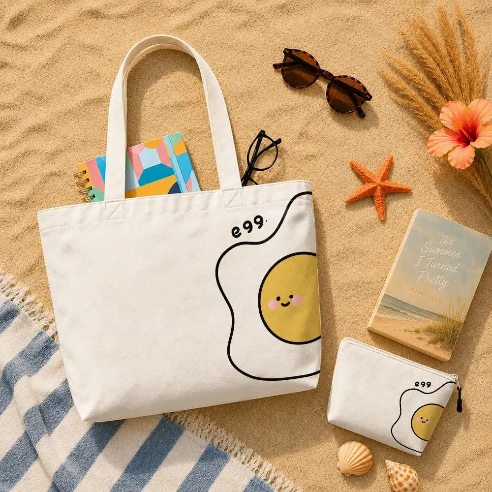 Simple drawing food Storage Bags Canvas Double-Sided Print Set 2-Piece Shopping Bag with Zipper for Work and Travel