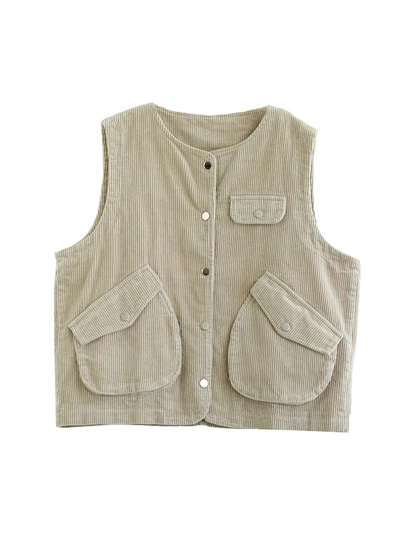 Gilet en velours côtelé pour femmes, vêtements d'extérieur tendance, haut de gamme, haut rond, bouton unique, nouvelle collection automne 2025