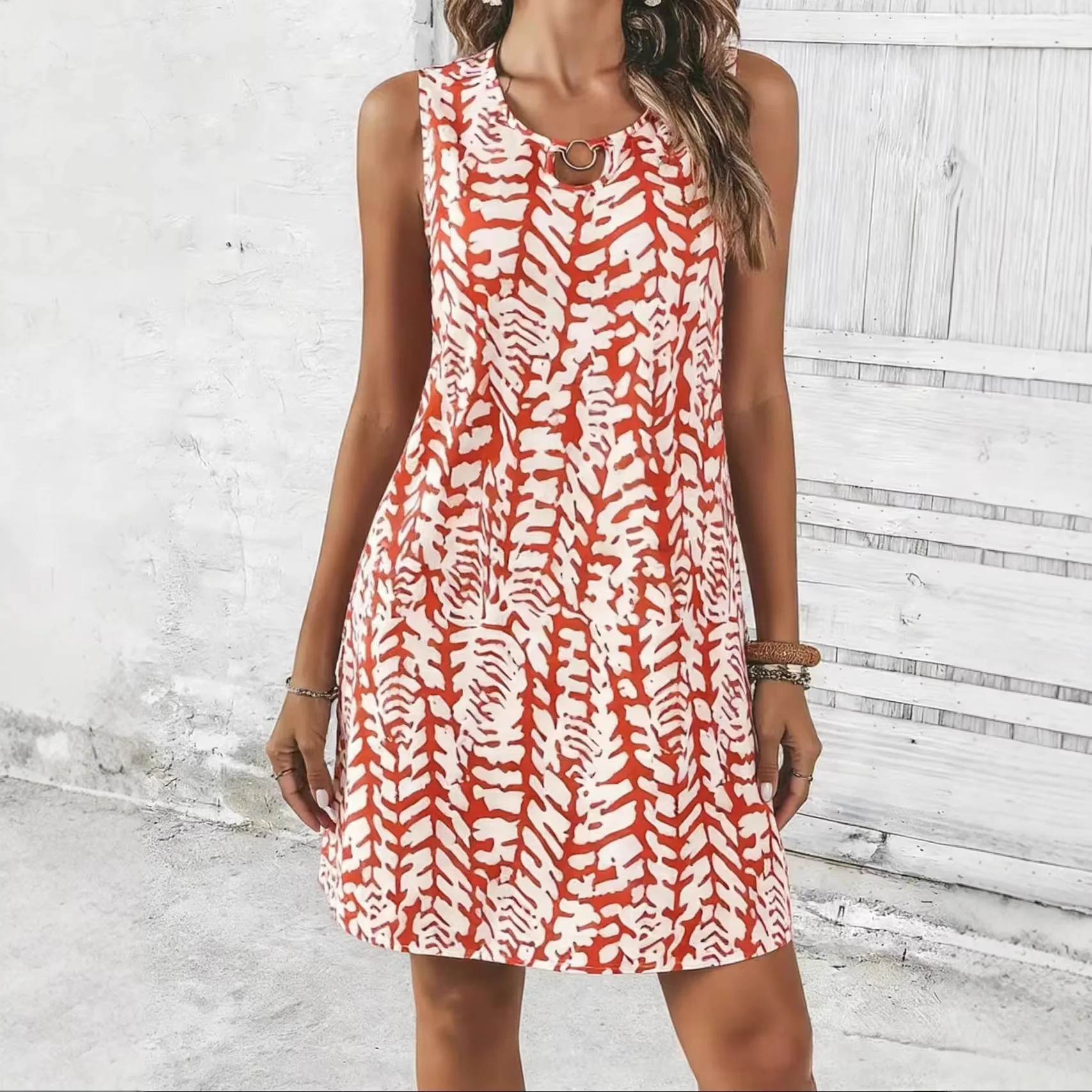 

Women's Summer Printed O Neck Sleeveless Beachwear Short Dress With Belt 2026casual Beachwear Versatile Fashion Female Top Dress