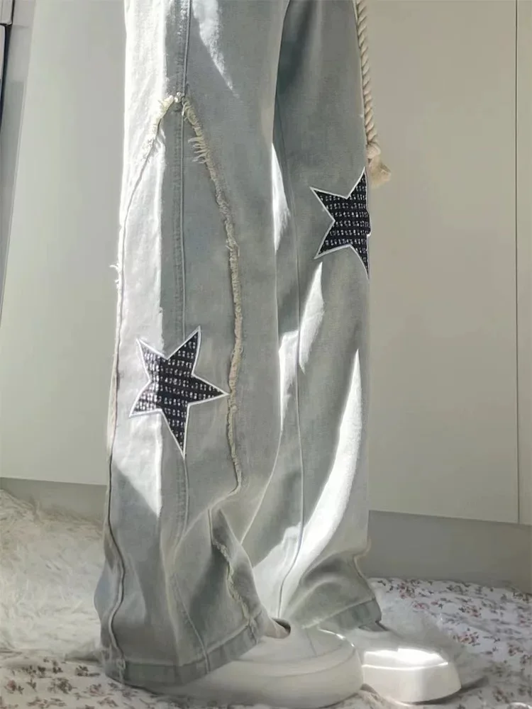 

Y2K Американские ретро джинсы унисекс с пятью звездами и высокой талией, прямые брюки, свободный крой, утягивающие широкие длинные брюки, осенняя мода