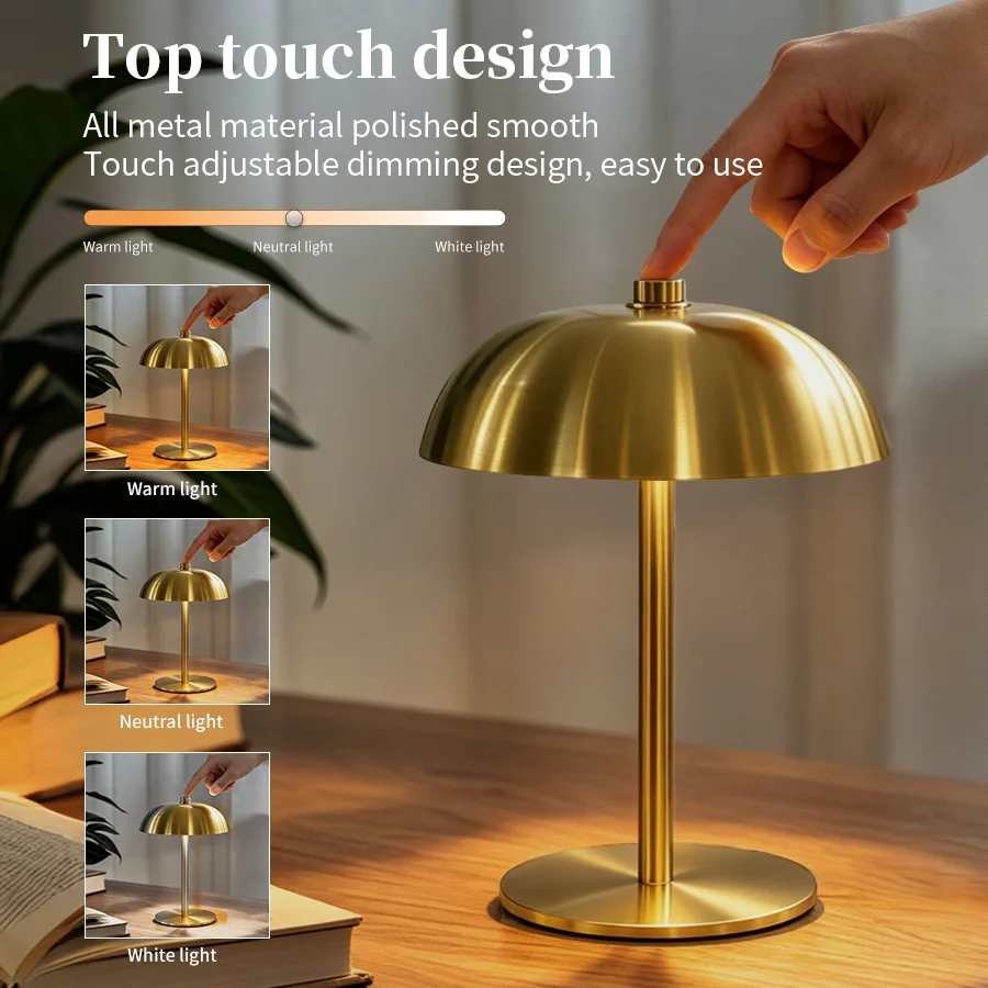 Mushroom Table Lamp Rechargeable Touch Control 3 Colors Dimmable LED Desk Light Cordless Eye-Caring Office Bedroom Bedside Lamps