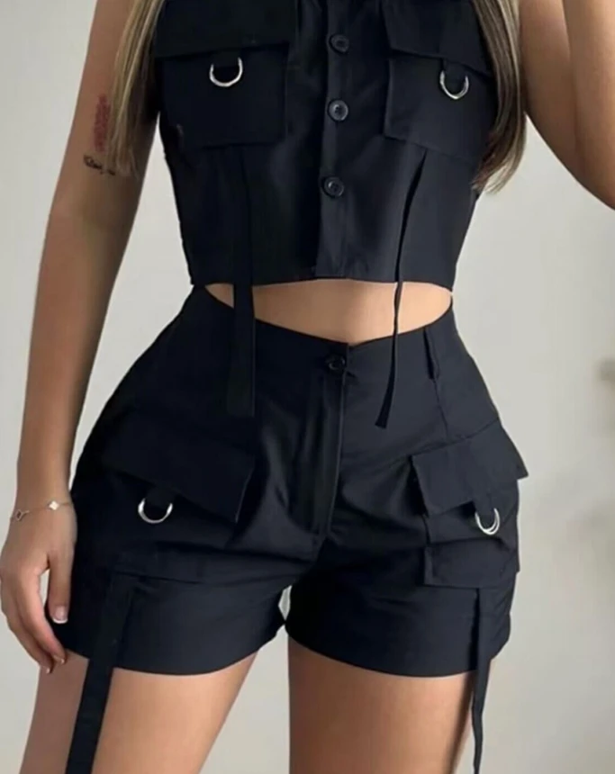 2 Pcs for Women 2024 Summer New Fashion Solid Color Sleeveless Turn-Down Collar Buttoned Pocket Design Top & Shorts Set