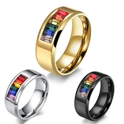 New Fashion Female Gorgeous Rainbow Color Crystal Ring Male Summer Colorful Jewelry Titanium Ring for Women and Men