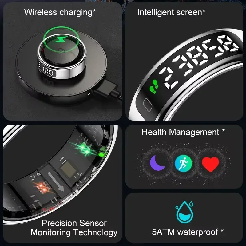 New 5ATM Waterproof Display Screen Smartring, Health Monitor Gesture Swipe Video/Brush Tiktok Multi Sport Modes Smart Ring