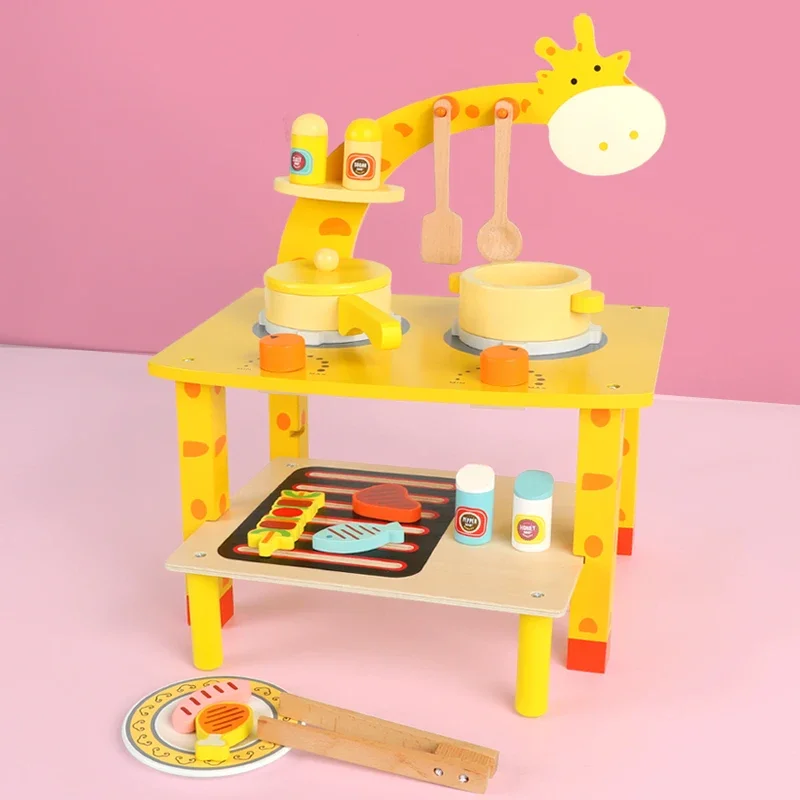 Children's Cooking Wooden Toy Small Stove Play House Kitchenware Simulation Barbecue Suit Boys and Girls Birthday Gift