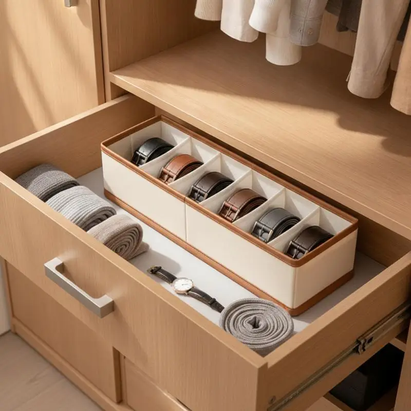 Faux Leather 6 Grid Closet Drawer Organizer Durable Storage Holder for Belts Ties Scarves Bedroom Wardrobe Organization