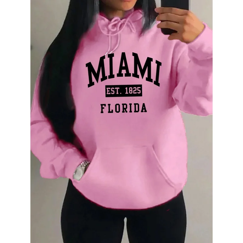 ميامي إست 1825 مدينة الفن رسالة يطبع المرأة هوديي جيب الشارع ارتداء Harajuku العصرية تنوعا هوديي