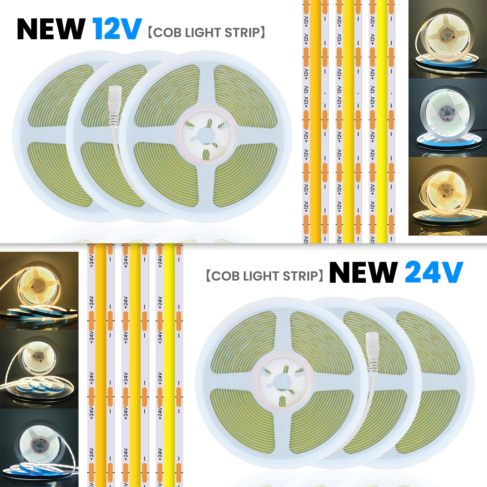 DC 12V 24V COB LED Strip Light 8mm Width Flexible High Density Linear Lighting 480 528LEDs/m FOB LED Tape RA90 3000K 4000K 6000K