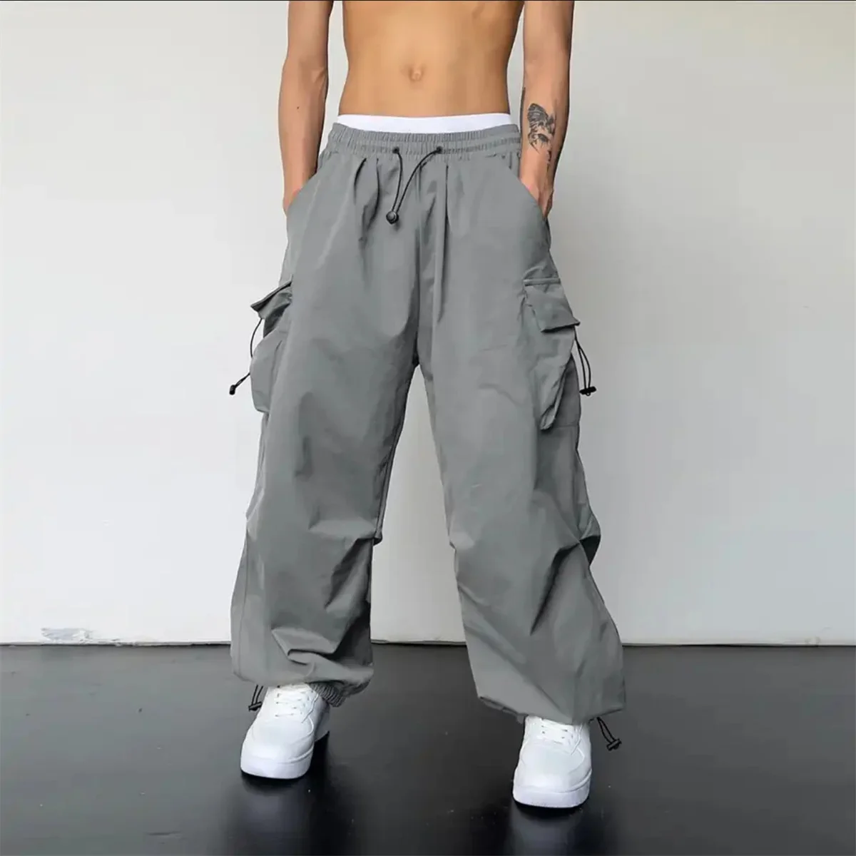 Vintage-Mode-Cargohose für Damen, einfarbig, mit elastischem Bund, Taschen, Jogginghose, weites Bein, Baggy-Schnitt, Y2K-Hose, Streetwear, amerikanische Kleidung. – Detail 5