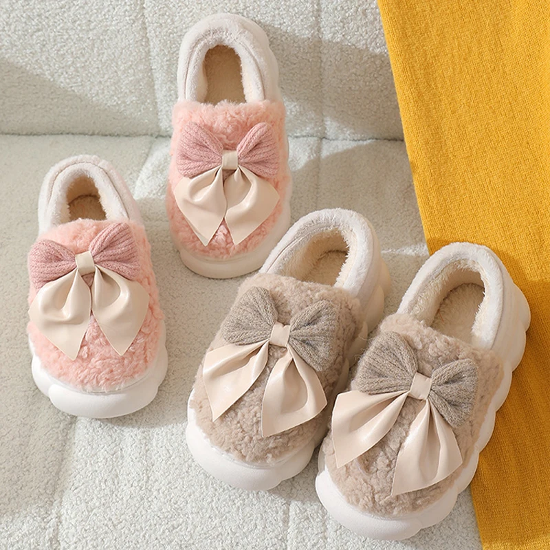 Winter Women Cute Bow Cotton Slippers Non Slip And Warm Soft Soled Home Slippers Multi Colored Home Bag Heel Plush Slippers