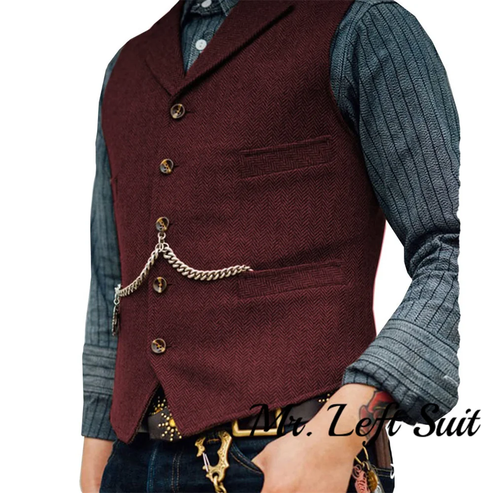 Mens Suit Vest Waistcoat Tweed Retro V Neck Wool Herringbone for Prom