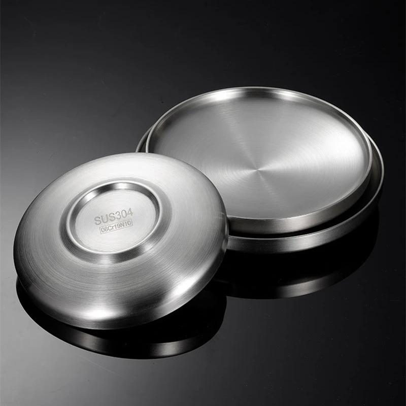 Thick Stainless Steel Round Dinner Plate Western Dessert Dishes Tray Double-layer Anti-scalding Dining Table Home Decoration - Image 2