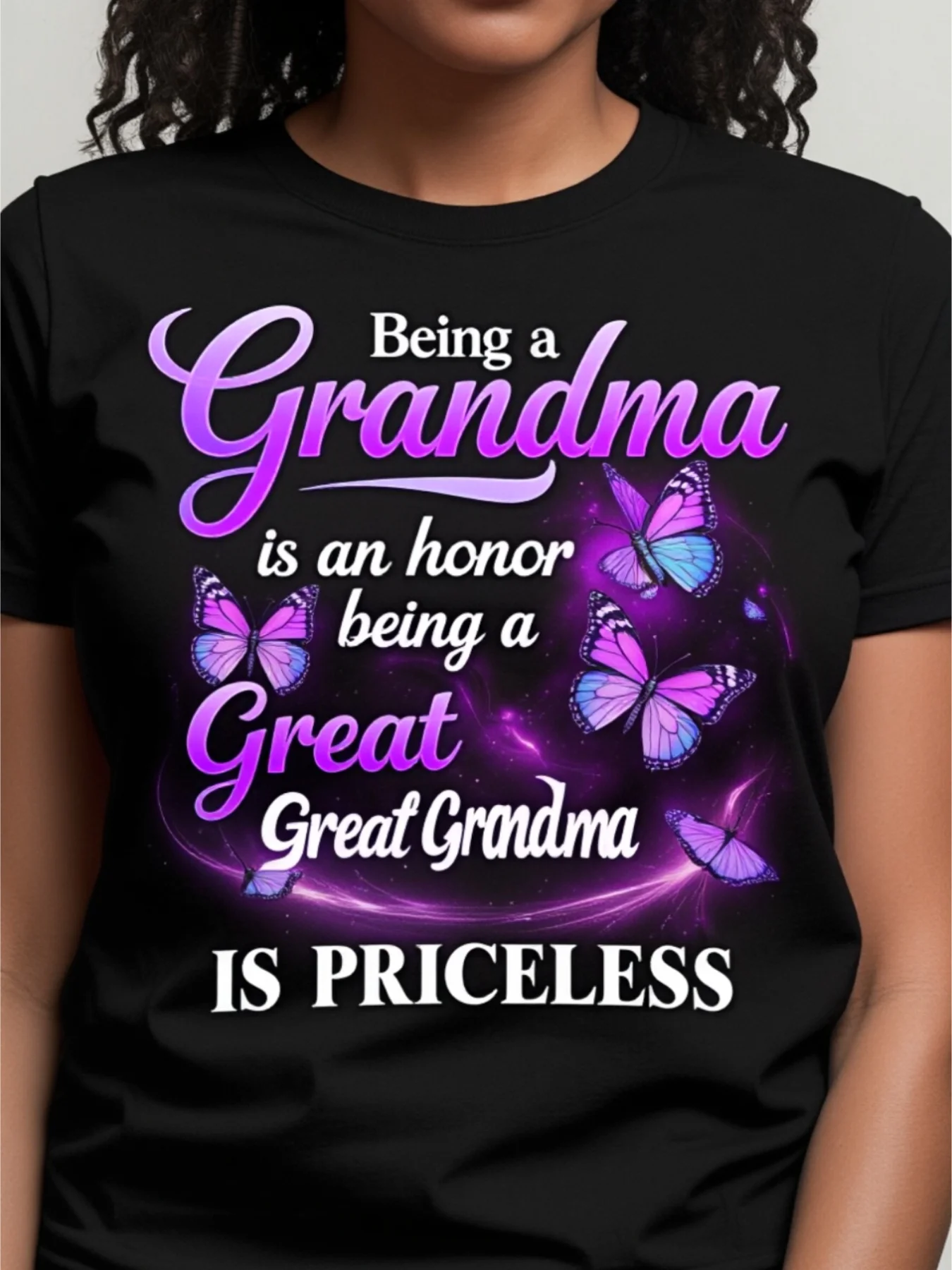 Women Round Neck Short Sleeve Polyester T Shirt Grandma And Great Grandma Butterfly Theme with Glow Design Family Love And Generational Pride Emotional Gift for Grandmothers And Grea