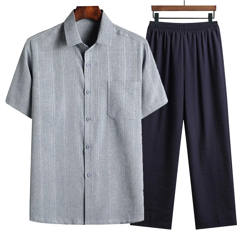 

Men's Pure Color ort Sve irt Set Breathable Cotton Linen Casual Dad Clothes Comfortable Summer andpa Outfit