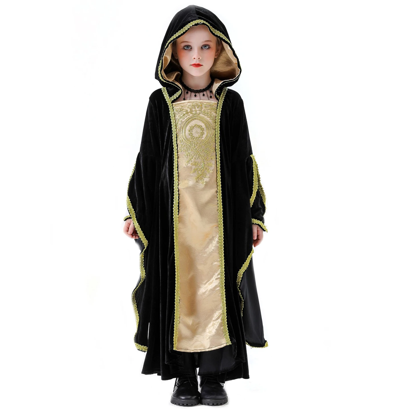 

Retro Vintage Renaissance Girls Costume Hooded Kids Gothic Flare Sleeve Black Medieval Dress Halloween Costume for Child