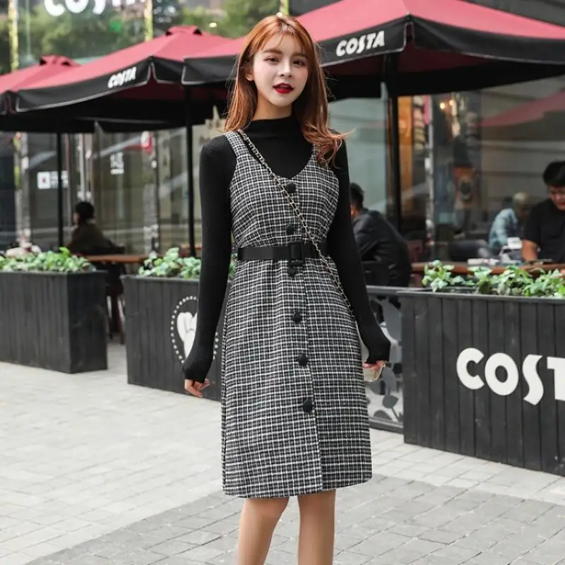 2024 Two-Piece Women Korea Style Dress Sets Tweed Strappy Dress Women\'S Mid-Length Bottomed Knitwear Set Skirt Warm Casual Suits