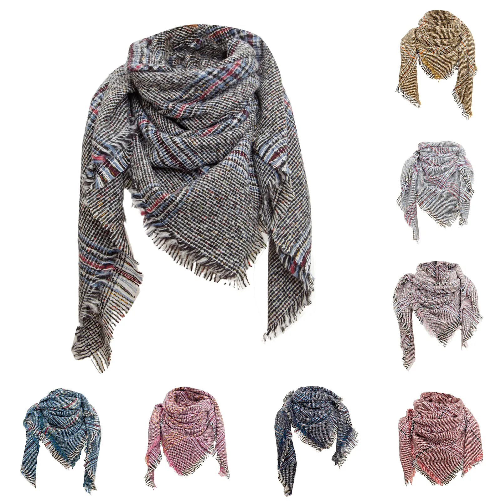 Women's Warm Long Shawl Winter Wraps Large Scarves Knitted Cashmere Feel Plaid Triangle Scarf Lady Tassel Shawl Wraps Hijab