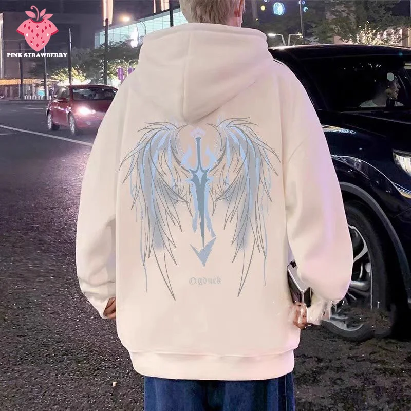 الأمريكية الرجعية الجناح طباعة هوديس الرجال الخريف الشتاء 2025 موضة جديدة الشارع الكنغر الحقيبة Y2K أفضل الرجال الدافئة البلوز طالب #1