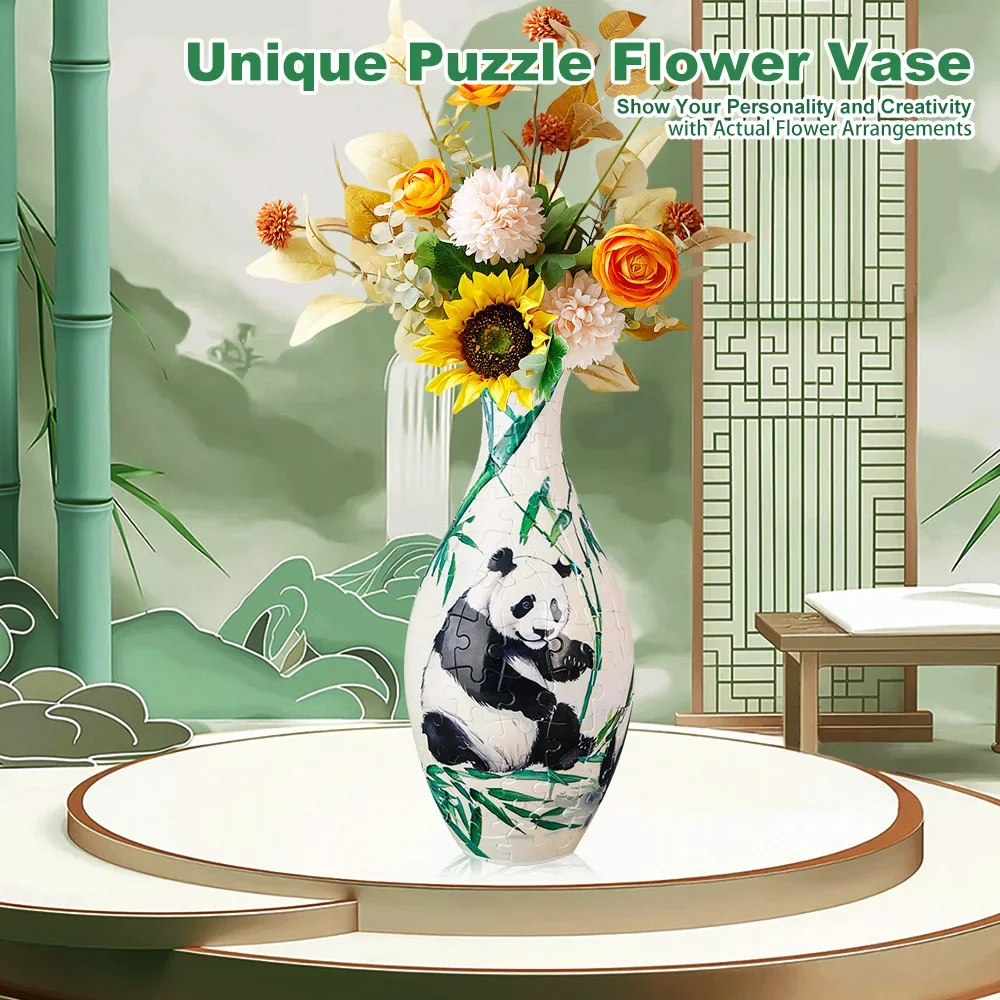 Valentine's Day Creative Gift Romantic Building Blocks Eternal Flowers and Puzzle Vase Cute Panda Blue and White Porcelain Print