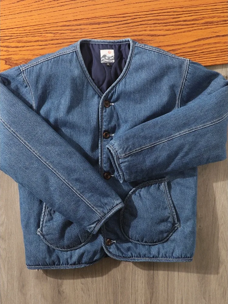 Winter Cotton Blue Denim Jacket For Men V-neck Quilted Male Thicken Jackets Japanese Casual Fashion Loose Warm Coat