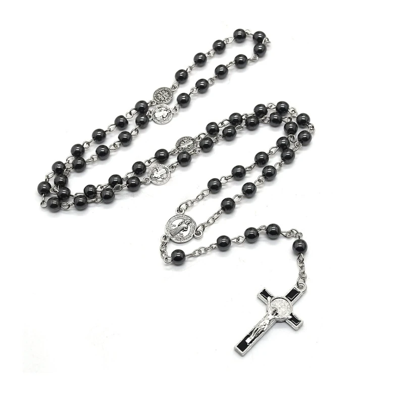 Catholic Rosary Prayer Necklace Mary Blessing Black Gallstone for Cross Pendant Necklaces Round Beads Long Chain Drop Shipping