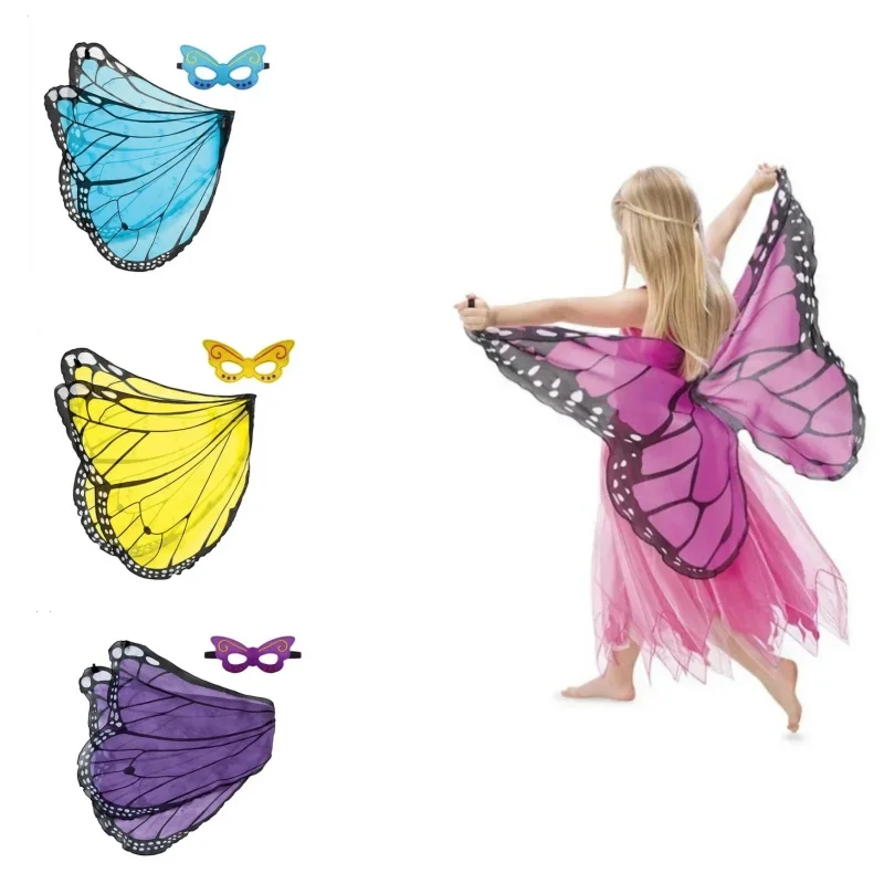 Kids Butterfly Cosplay Costume Girl Fairy Butterfly Wings Chiffon Blue Pink Purple Cloak Felt Cape Halloween Dress Up Costumes