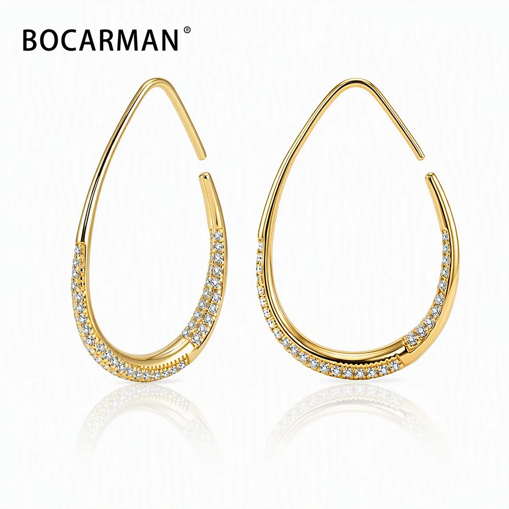 Bocarman 14K Gold Plated S925 Moissanite Large Hoop Earrings Pave Set D Color VVS1 GRA Certified Sparkling Statement Gift