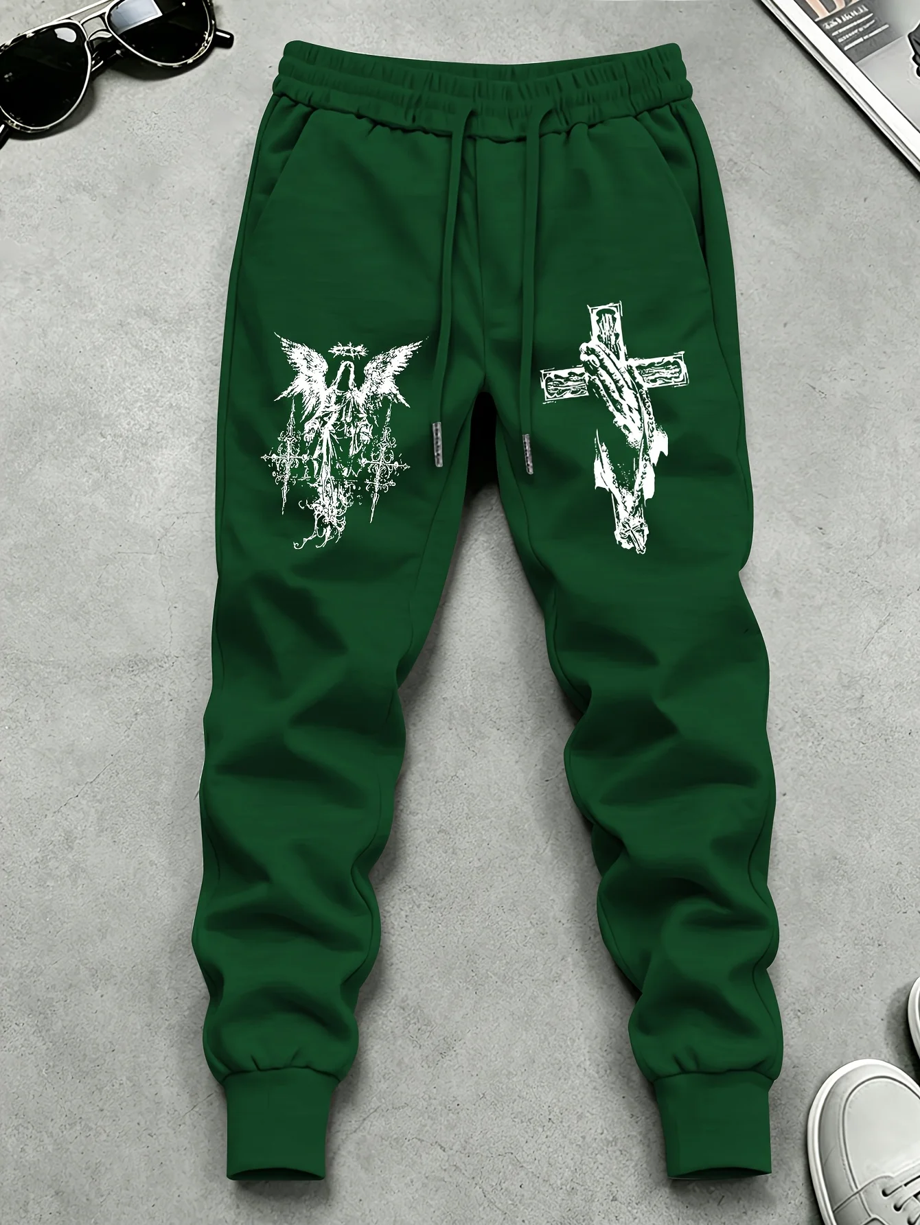 Mysterious‑vibe‑trend winged angel cross graphic art print street‑style dual‑side sweatpants men hip hop sports jogger trousers
