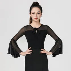 Women's Dance Suit Top Line Dance Clothing Summer Black Long Sleeve Mesh Ballroom Modern Female Dance Suit Samba Party Dresses