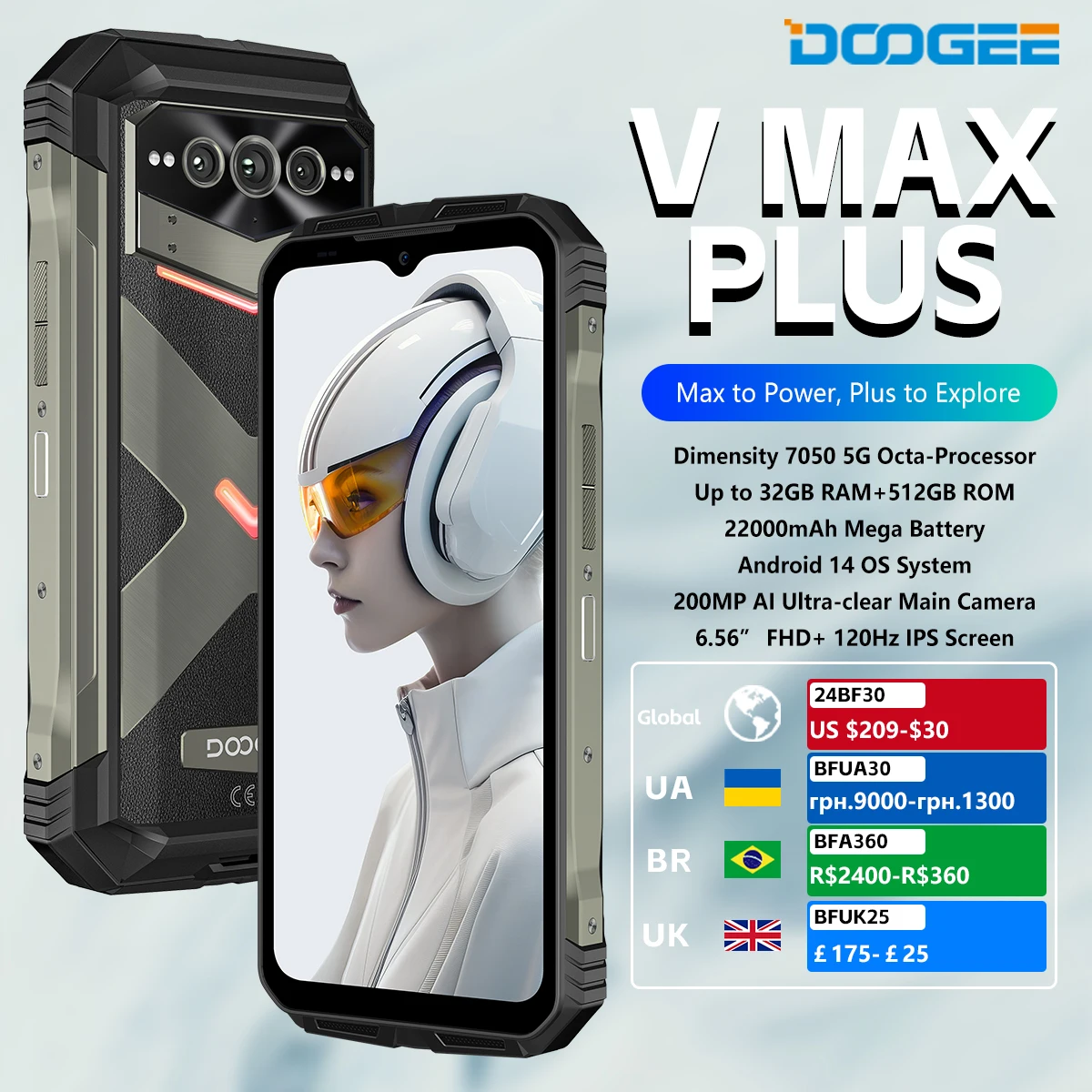 DOOGEE V Max Plus 견고한 휴대폰, 22000mAh, 36GB(16 + 20), 512GB, 200MP 카메라 휴대폰, 6.58 인치, 120Hz Dimensity 7050, 안드로이드 14