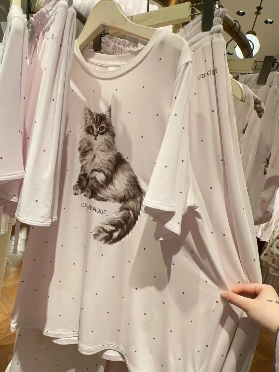 

Summer New Ice Cream Spot Short Sleeve Short Pants Modal Cotton Nightgown Overhead Home Clothes Set Women's Sweet Cute Style