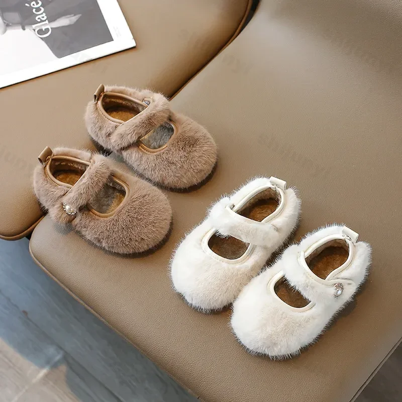 2024 Winter New Children Flat Shoes Fur Cover Toe Light Warm Kids Casual Shoe Plush Warm Non-slip Leisure Comfy Boys Girls Shoe