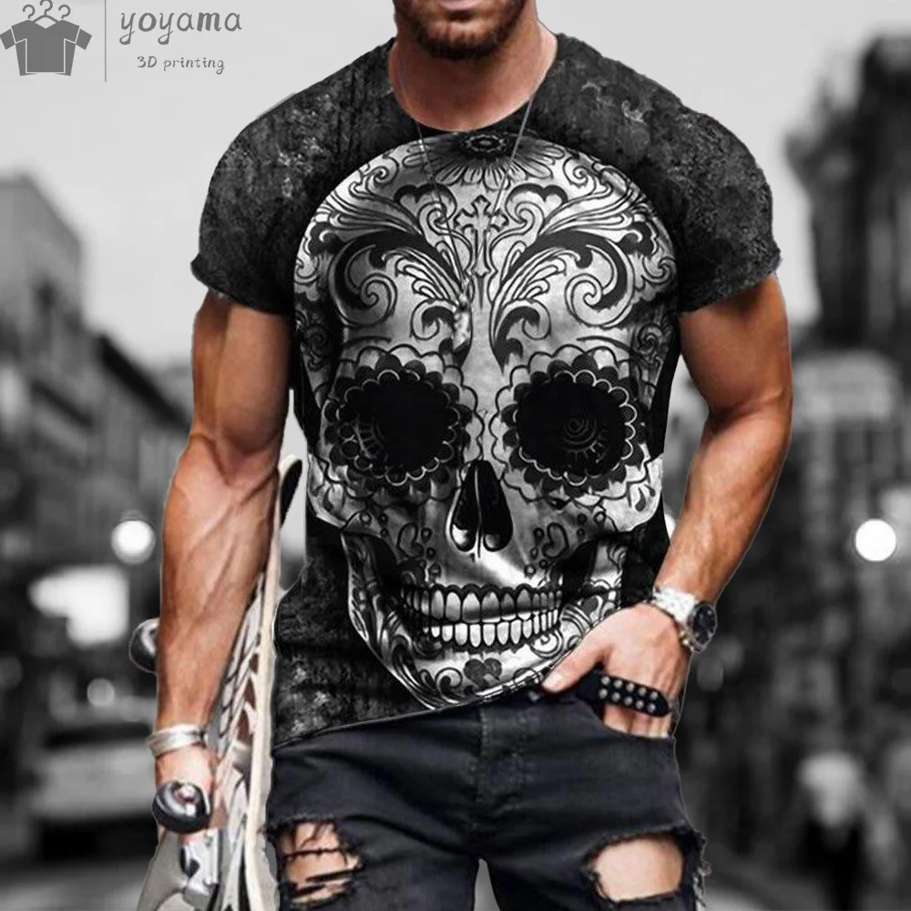 Red Skull Print T-shirt Punk Style Men\'s Clothing Gothic Design Skull Graphic T shirts Men\'s Short Sleeve Tee Skull T-shirt Tops