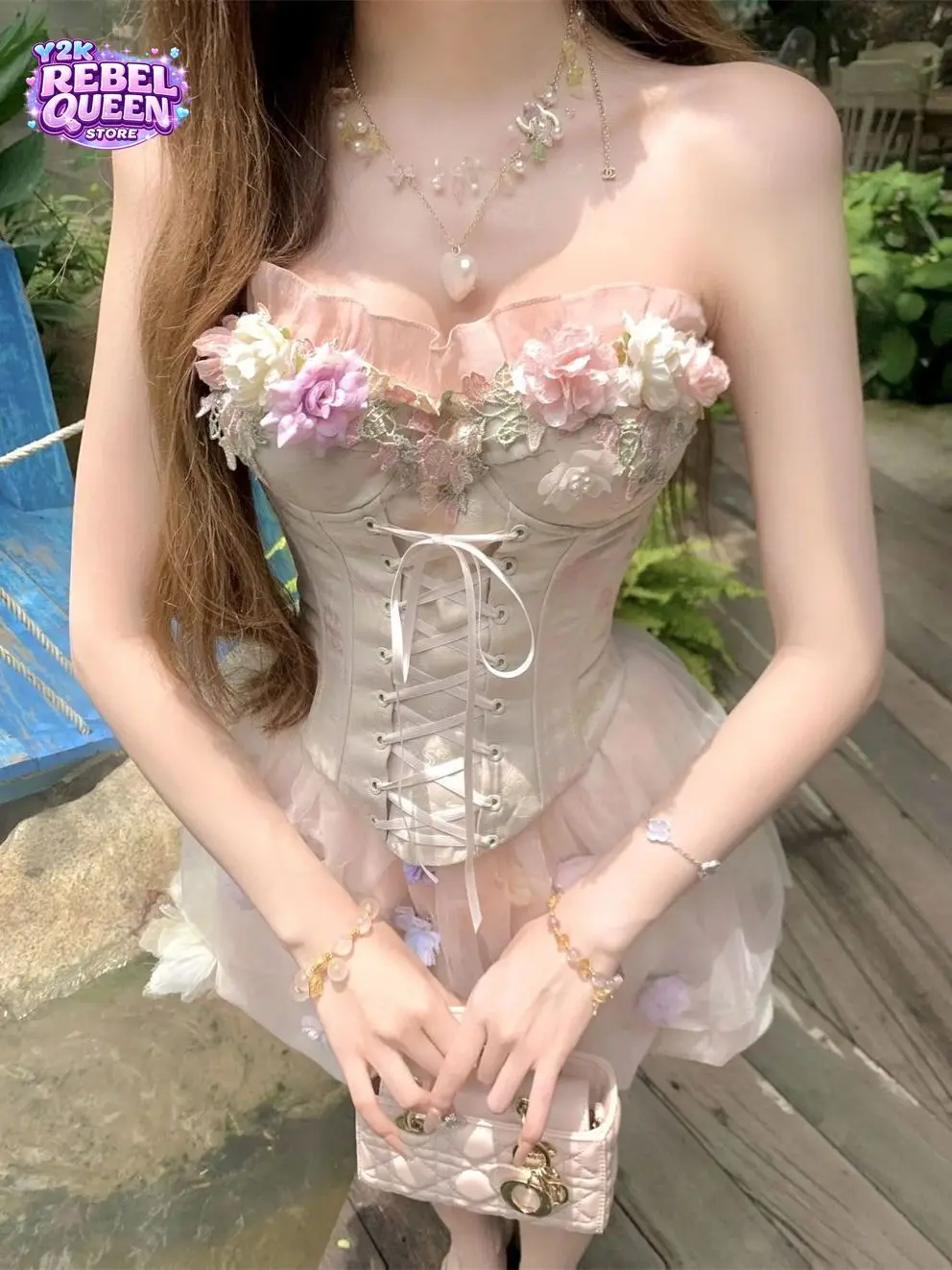 

Summer French Coquette Elegant 3D Floral Corset 2pcs Set Women Slim Fit Strapless Crop Top High Waist Mini Skirt Party Date Outf