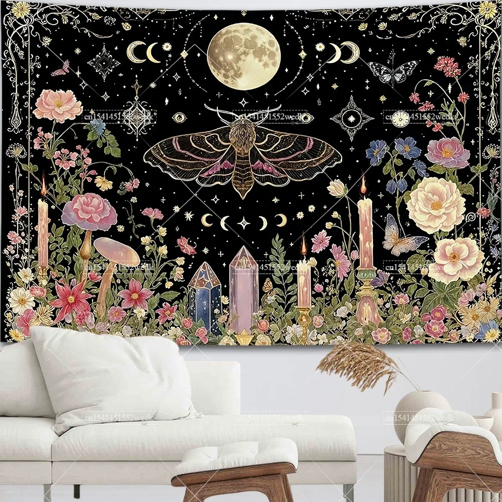 Boho Butterfly Sun Wall Hanging Tapestry Vintage Aesthetic Moth Botanical Witchy Flowers Tapestries Room Decor Altar Cloths