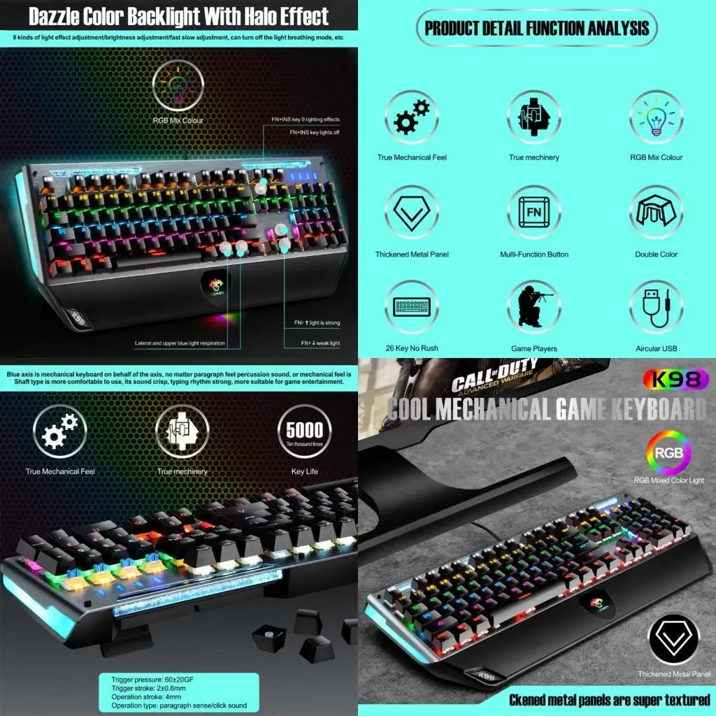 652F Color Light Keyboard Computer Game Mechanical Keyboard Luminous Electroplating Knob Green Friendship Keycap