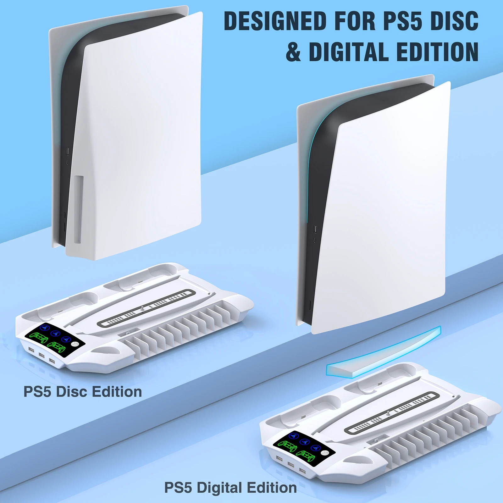 Dinofire PS5 Lüfter Für PS5 Disc & PS5 Digitale Dual Controller Charing CD Ständer mit Headset Halter Multi-funciton PS Stehen