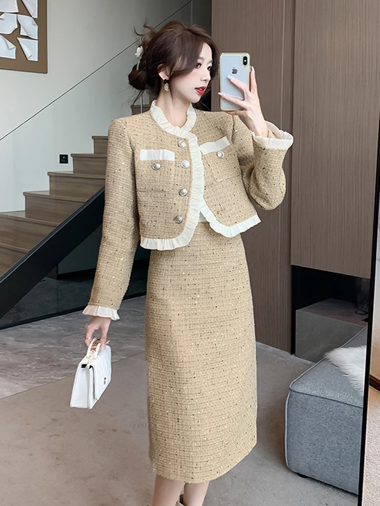 

Women Tweed Jacket Two Piece Set New Vintage Autumn Winter Ruffles Patchwork Woolen Sequin Short Coat + Long Pencil Skirt Suits