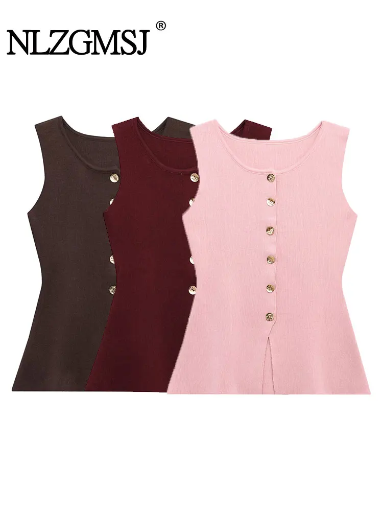 

2025 Spring Casual Chic Women Vest Solid O-Neck Sleeveless Button Knitted Sweaters Fashion Female Tops