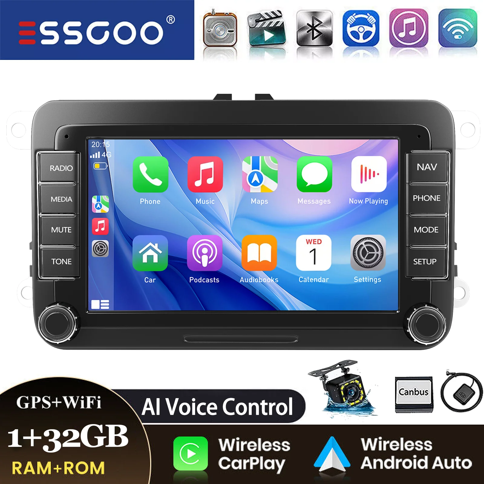 ESSGOO Android 14 Autoradio 7" 4+64GB Wireless CarPlay GPS Navigation WIFI RDS FM Bluetooth für VW Golf 5 6 Passat Polo 6R Touran Tiguan Caddy EOS Jetta Seat Skoda Touchscreen Mirror Link USB