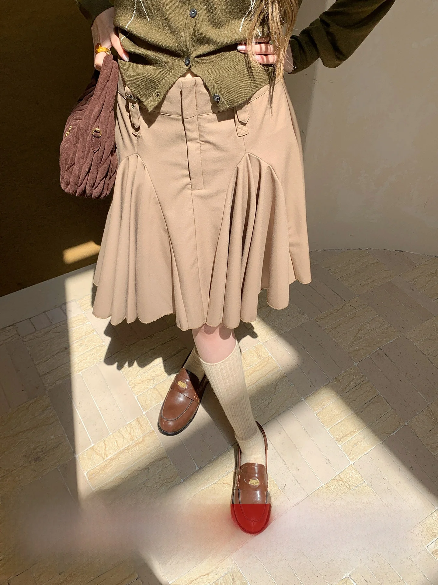 

High Waist A-Line Skirt for Women in Khaki Color with Pleats Hip Concealing Long Skirts New Sle Ci Commute