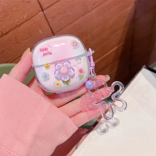 Imagen 2 del producto Funda para auriculares Redmi Buds 6 lite, bonita funda para auriculares con gradiente colorido DIY de flores/mariposas/estrella con llavero para niñas