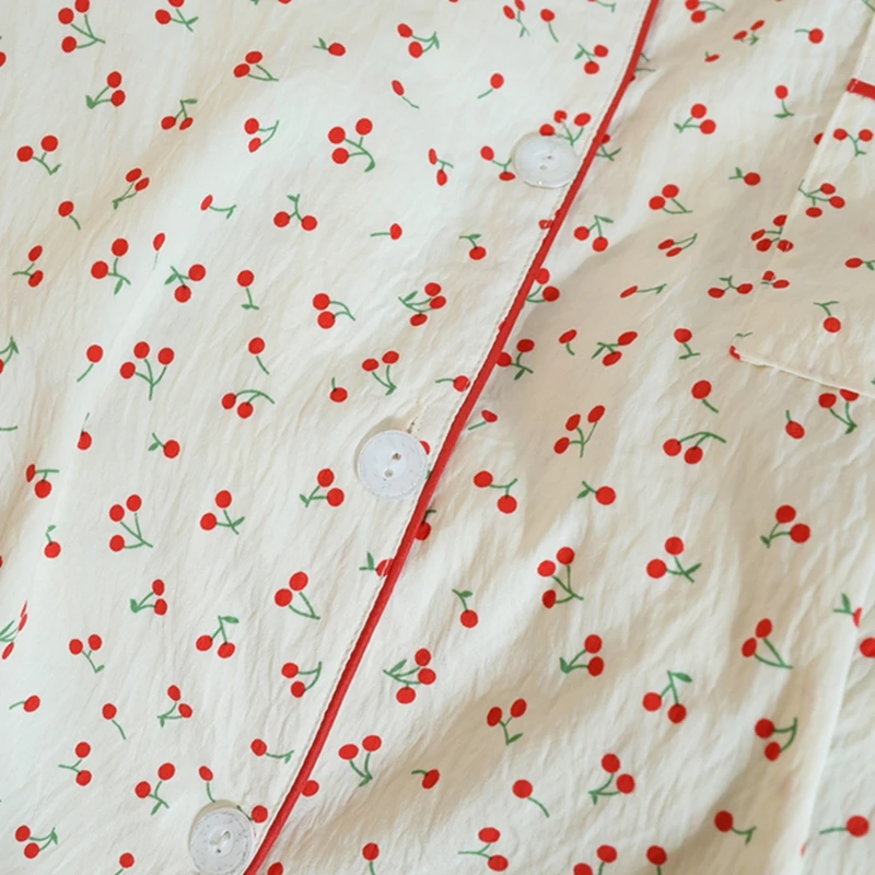 Pijama feminino outono cerejas conjuntos de pijama para mulheres roupas de algodão falso para mulheres lapela macia cardigan 2 peça conjunto doce bonito pj