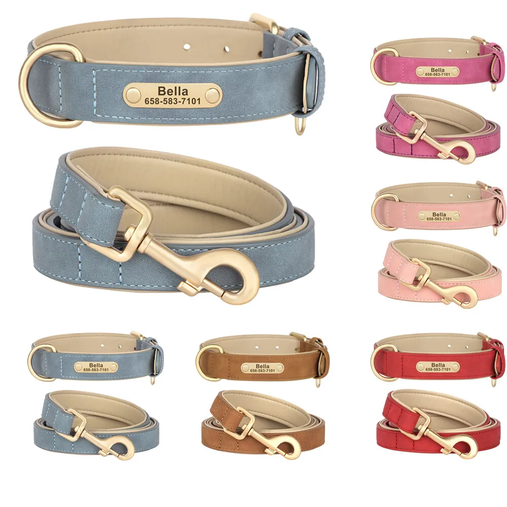 

Custom PU Leather Dog Collar Leash Set Personalized Dog Collars Free Engraved Nameplate for Small Medium Dogs Pitbull Labrador