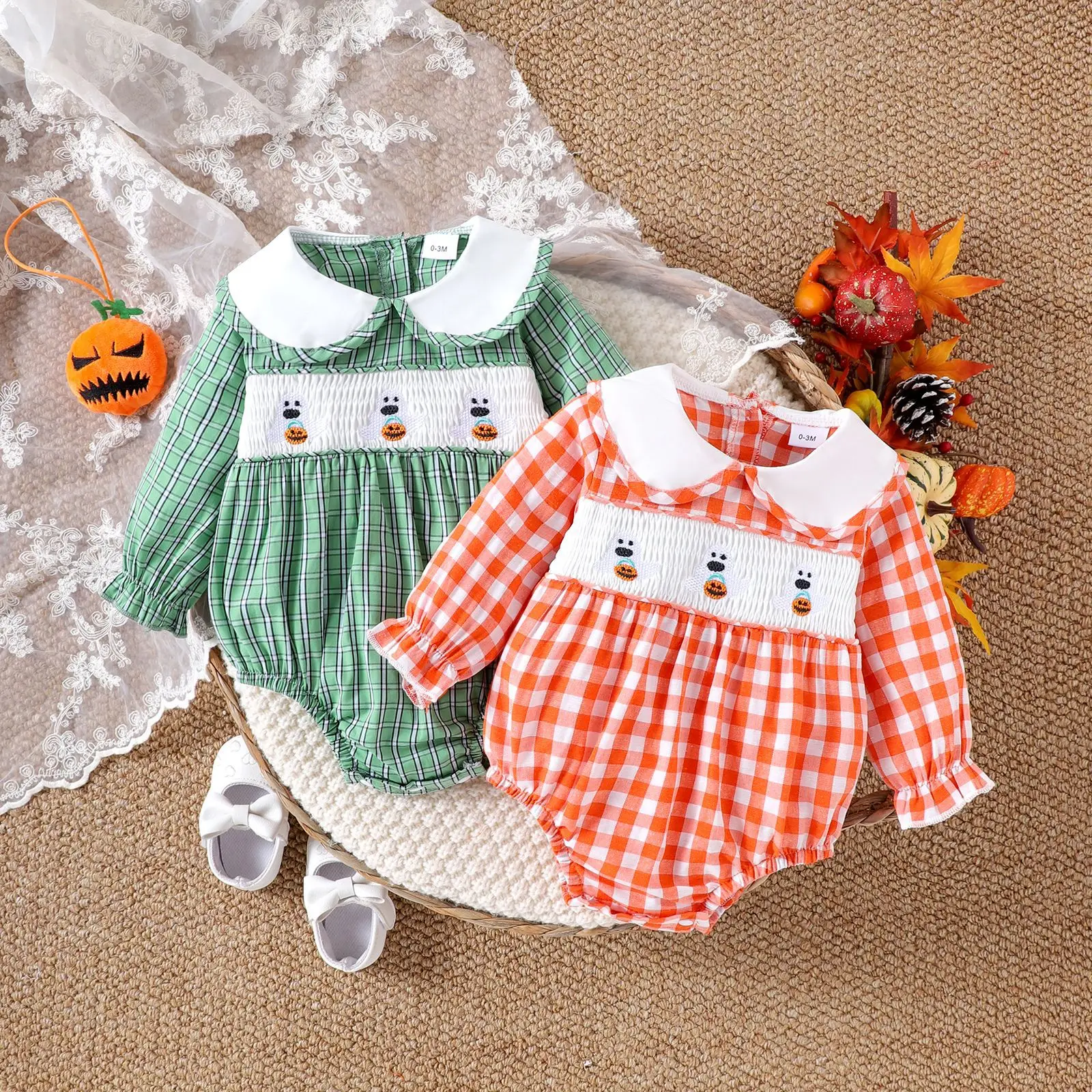 

2026 весенние комбинезоны для маленьких девочек с воротником Питера Пэна, боди для новорожденных девочек, клетчатые комбинезоны с мультяшной вышивкой для маленьких девочек, комбинезоны