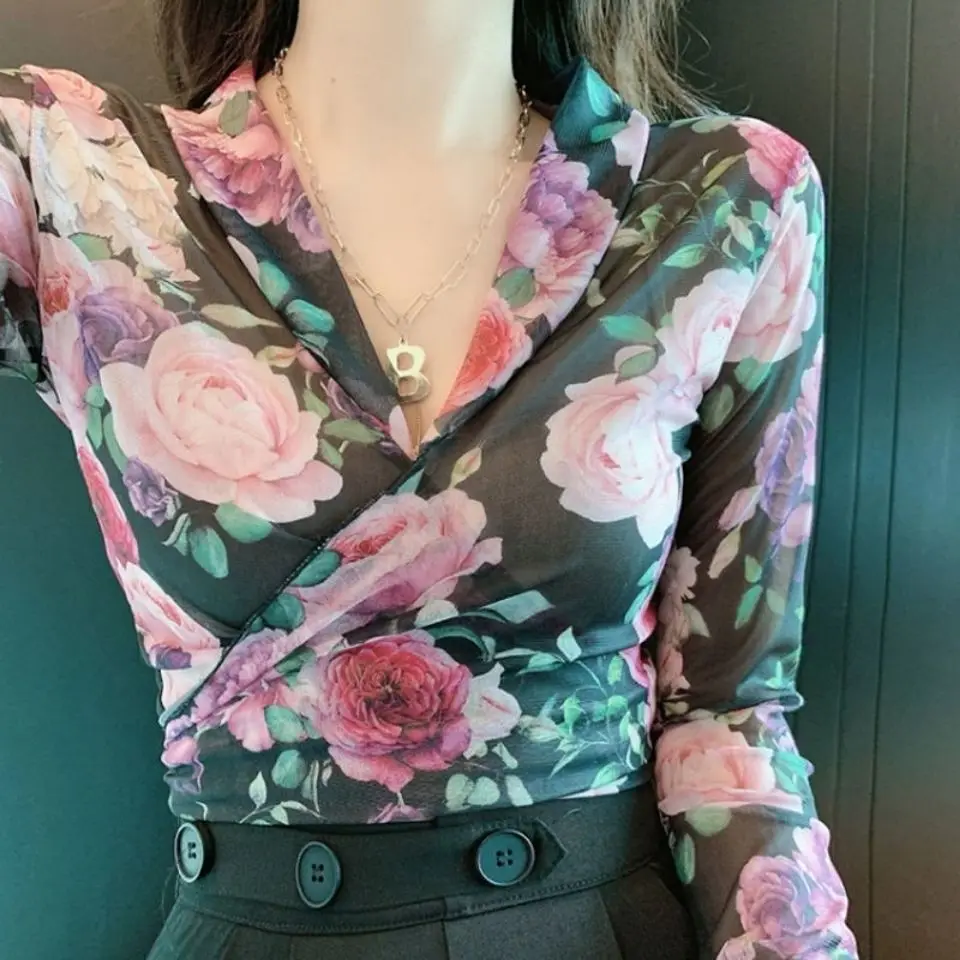 Spring Summer New V-neck Floral Print Slim Top Women Long Sleeve Casual Fashion All-match Bandage Tee Ladies Skinny Mesh T-shirt